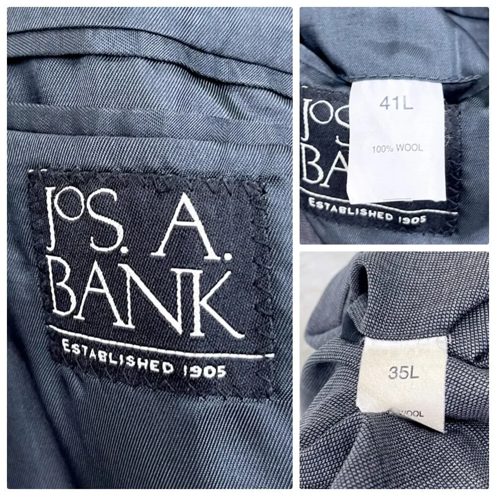 Jos A Bank Wool Nailhead Suit Gray Mens Two Button 41L Jacket 35L Pleated Pants